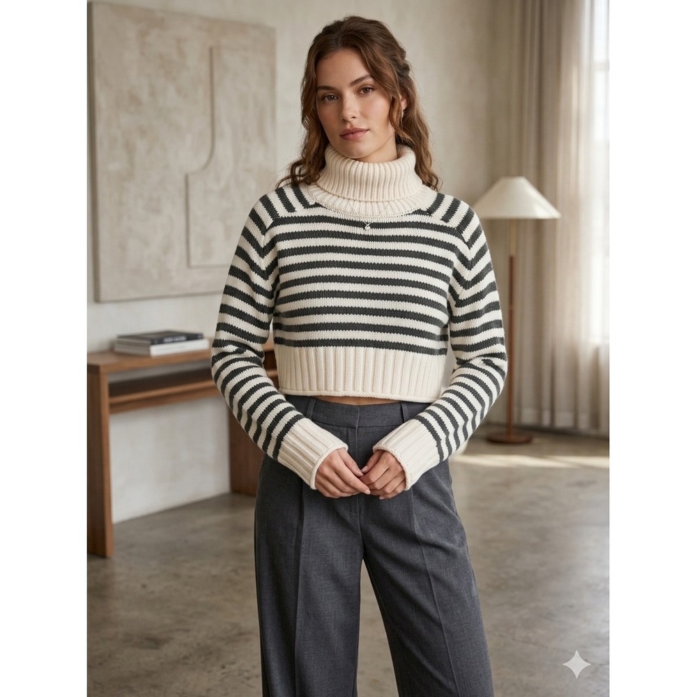 Zara Striped Cropped Turtleneck Knit Sweater Cream Charcoal 2298/102 Size S